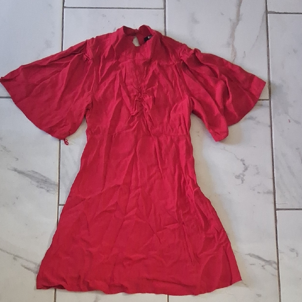Free People Bright Red Flutter Sleeve Dress